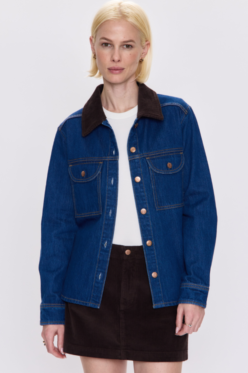 Women's denim jean shirt jacket with brown corduroy collar