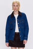 Women's denim jean shirt jacket with brown corduroy collar