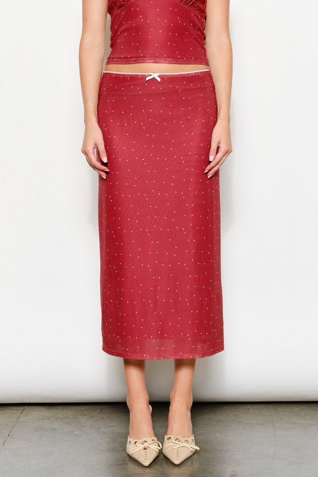 burgundy polka dot mesh midi dress