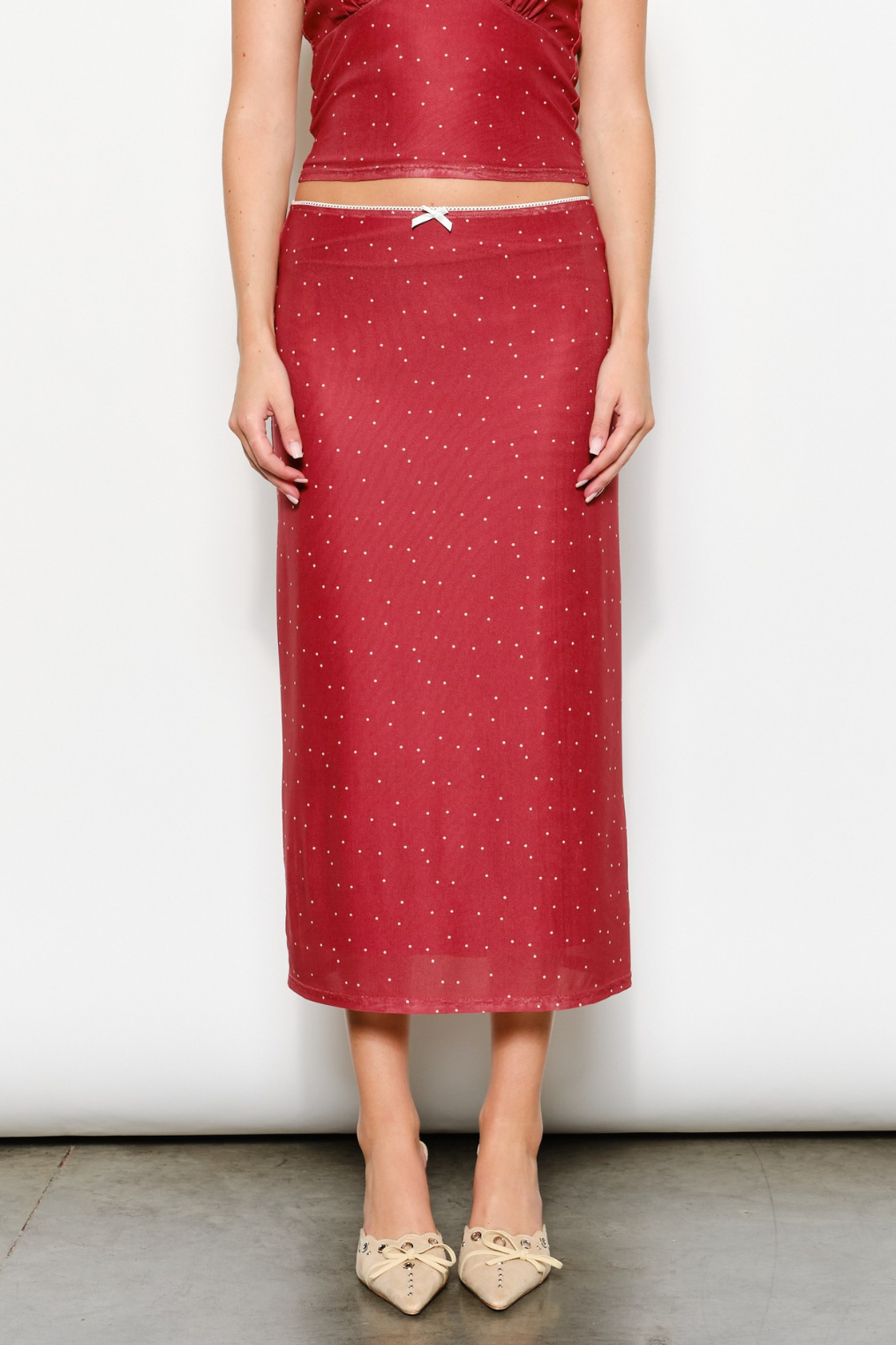 burgundy polka dot mesh midi dress