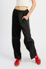 black satin pants with white contrast stitch