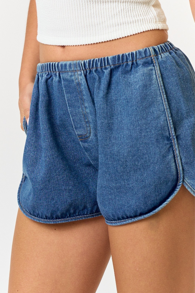 elastic waist blue denim jean shorts