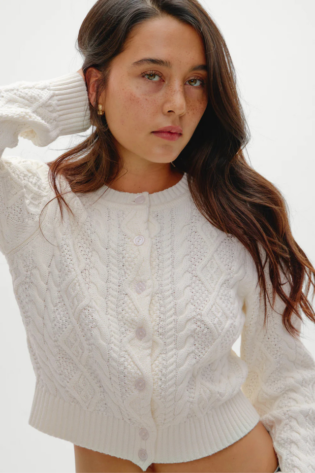 ivory white button-up cable knit sweater