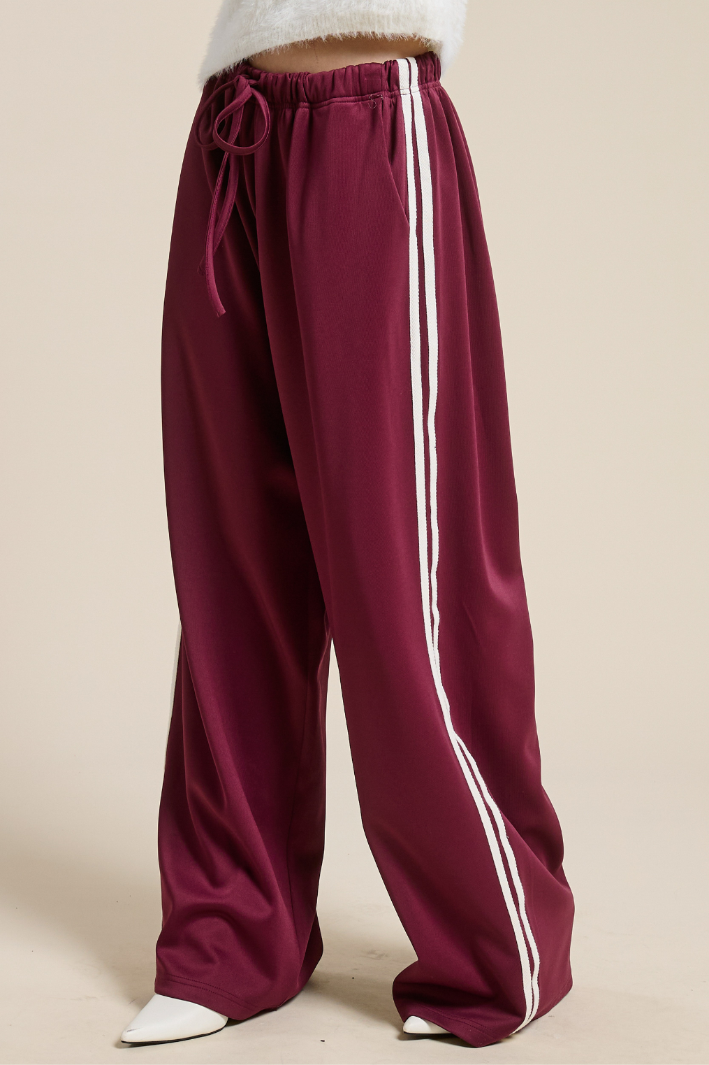 maroon wide leg drawstring track pants 