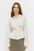 Cream button-down womens blouse with pleats and tapered waist