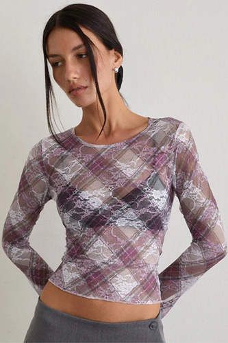 Purple floral print lace sheer mesh top