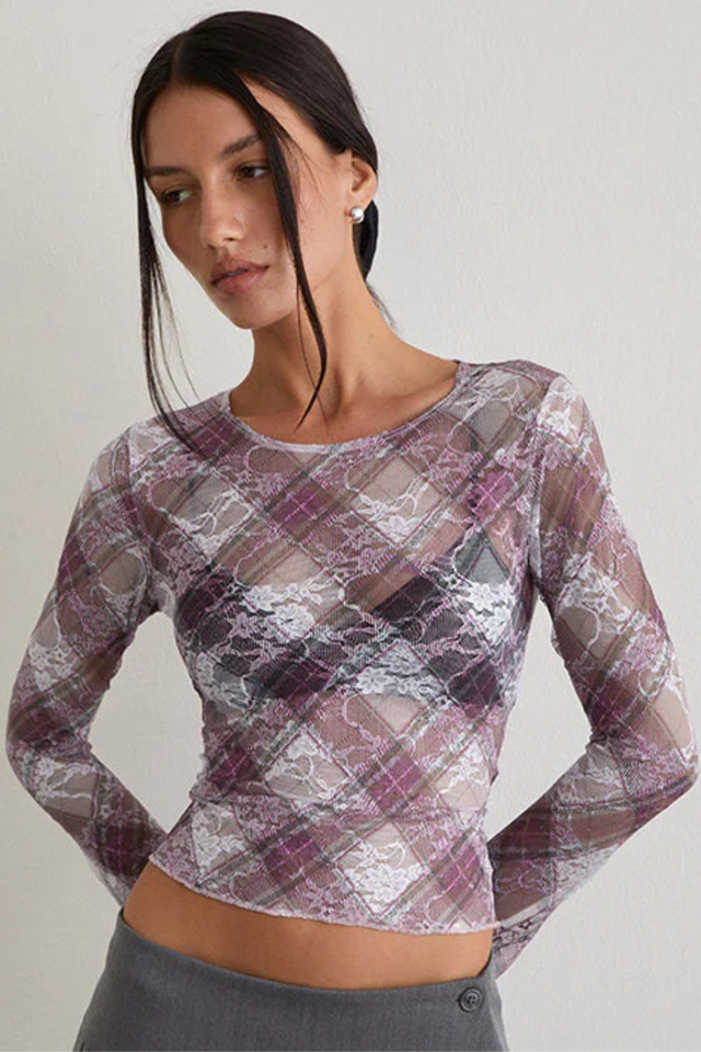 Purple floral print lace sheer mesh top