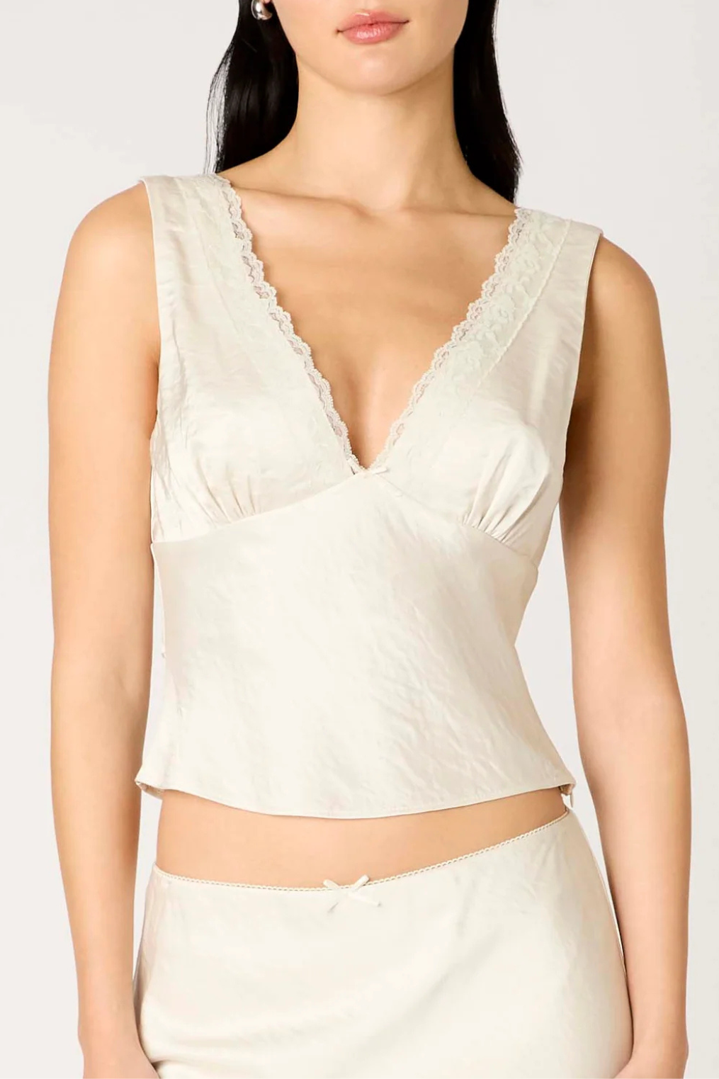 Pearl white satin lace trimmed tank top