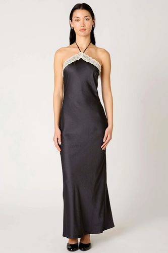 black maxi dress with halter neck and lace trim