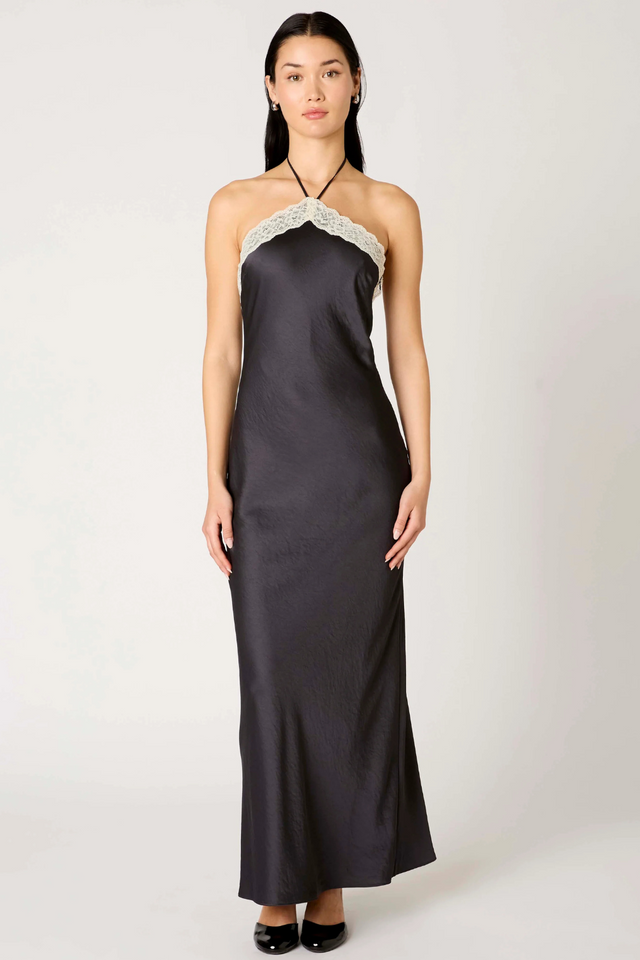 black maxi dress with halter neck and lace trim