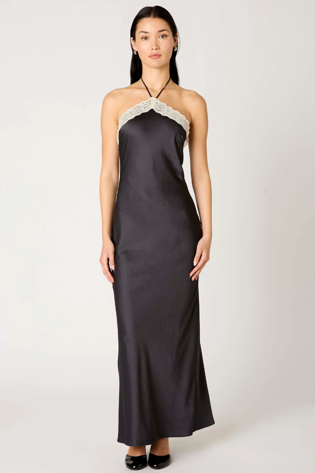 black maxi dress with halter neck and lace trim