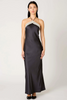 black maxi dress with halter neck and lace trim