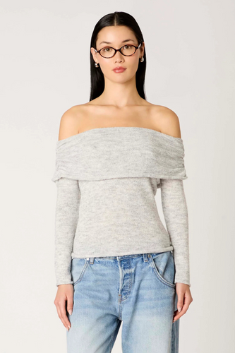 grey off shoulder long sleeve wool blend sweater