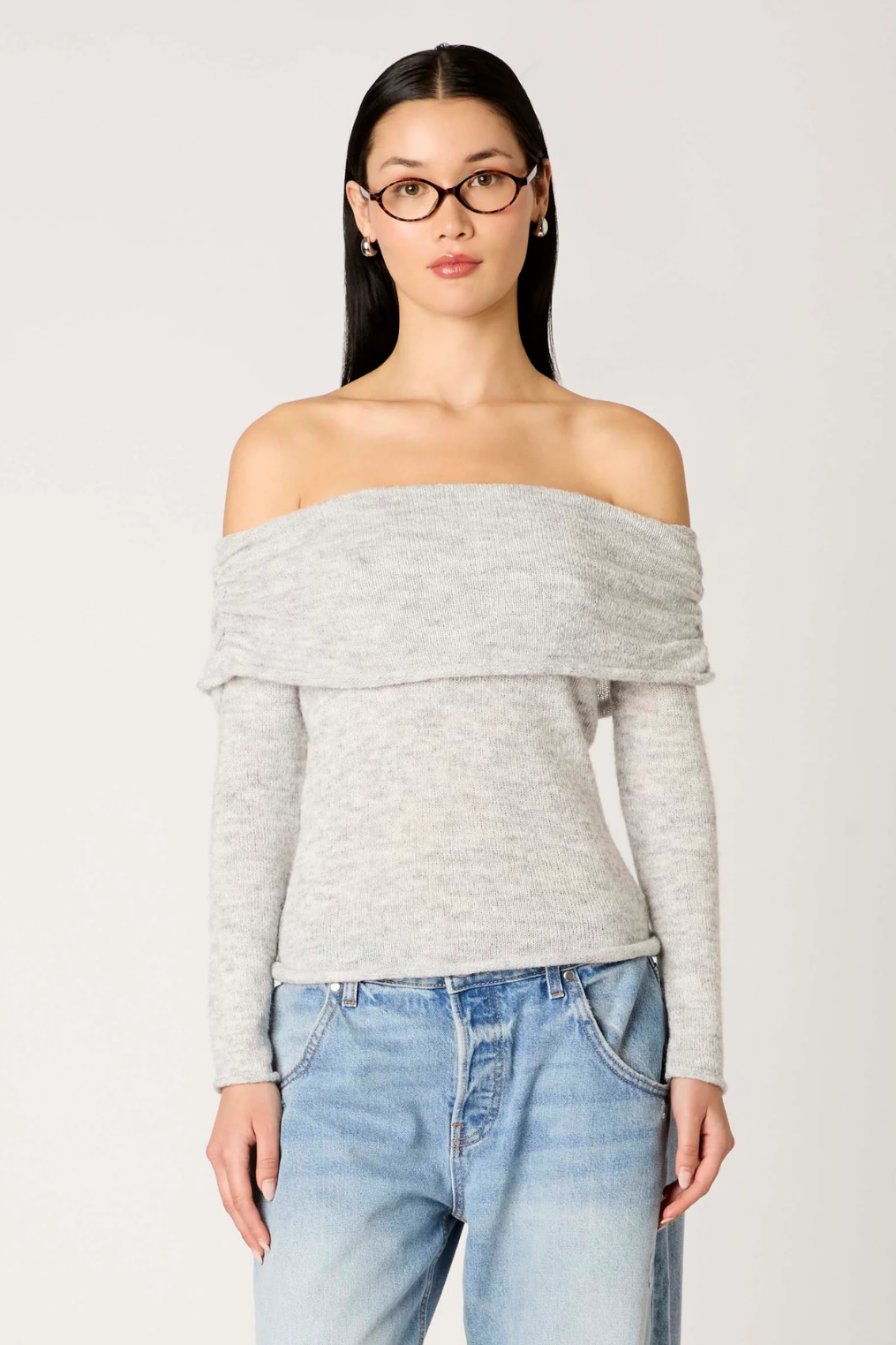 grey off shoulder long sleeve wool blend sweater