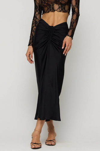 black satin cinched front maxi skirt