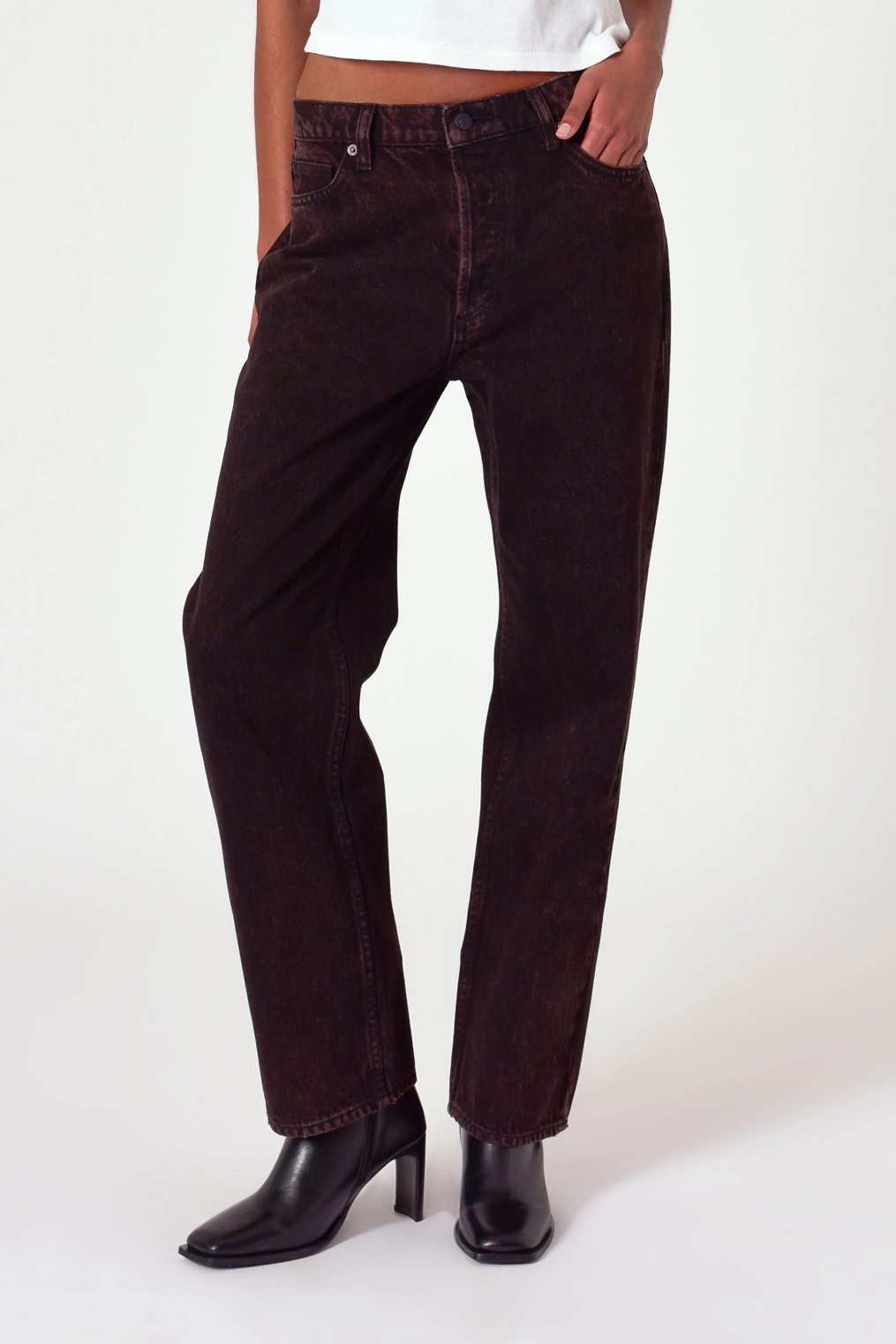 faded dark brown wash straight cut womens jeans
