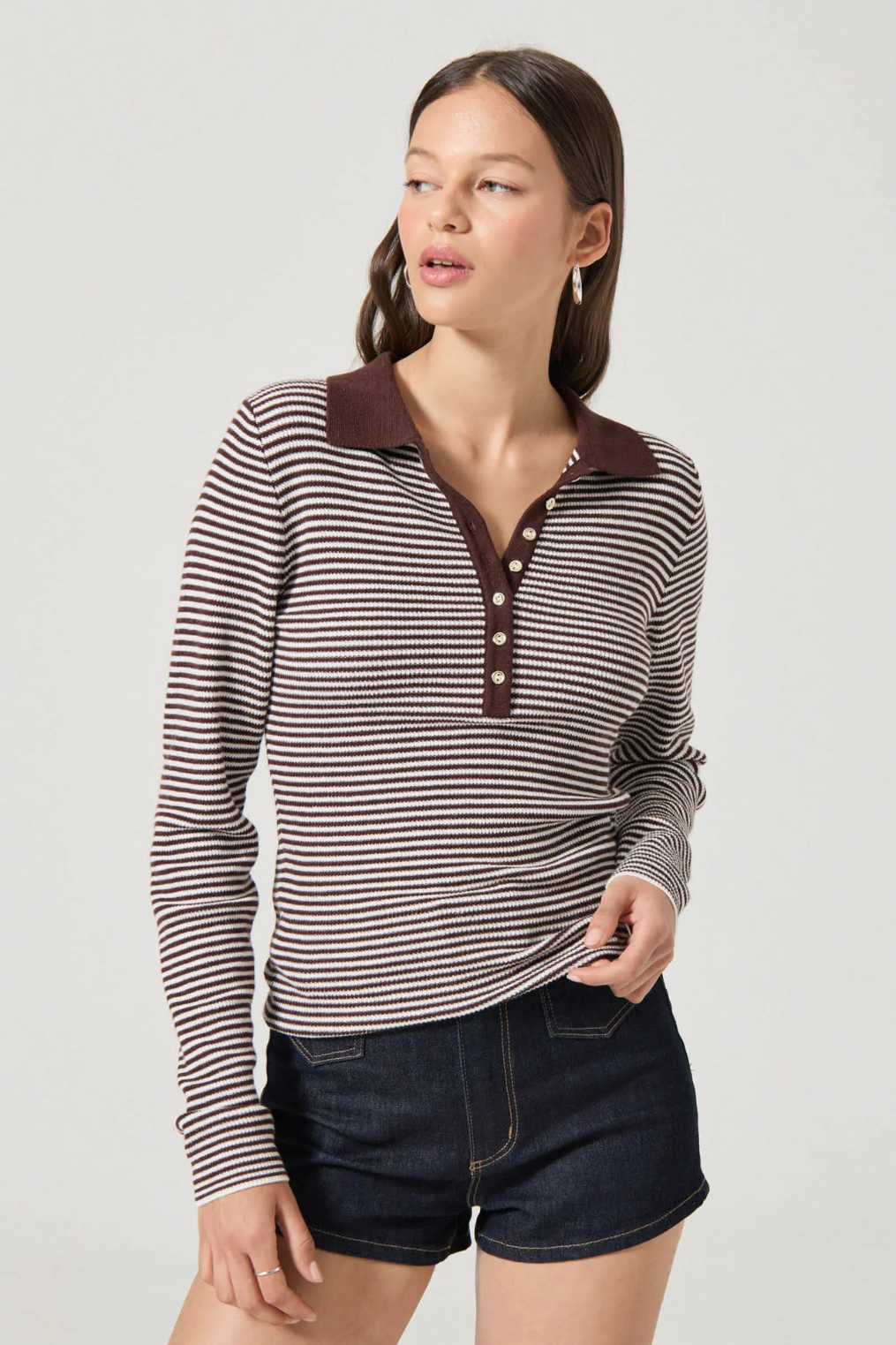 white and brown striped rib knit polo shirt