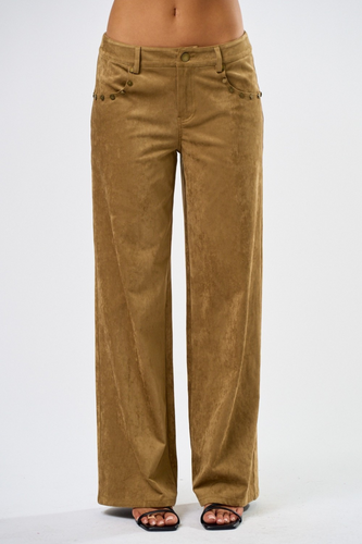 tan faux suede pants with gold stud accent