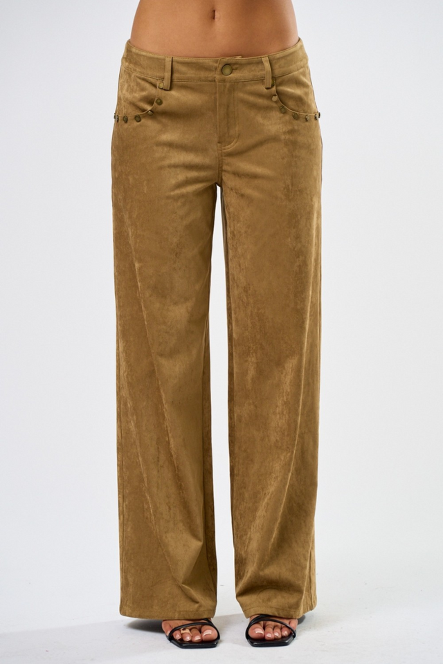 tan faux suede pants with gold stud accent