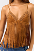 tan camel brown faux suede bralette top with fringe trim at bustline